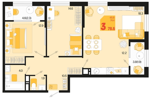 
   Продам 3-комнатную, 78.6 м², Первое место, квартал 1.3, литер 2

. Фото 6.