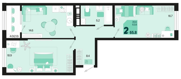 
   Продам 2-комнатную, 65.8 м², Первое место, квартал 1.3, литер 2

. Фото 6.