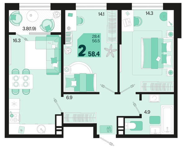 
   Продам 2-комнатную, 58.4 м², Первое место, квартал 1.2, литер 1

. Фото 6.