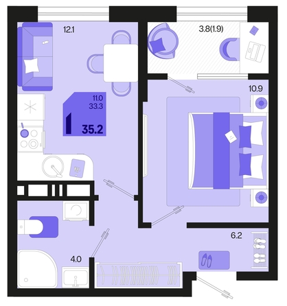 
   Продам 1-комнатную, 35.2 м², Первое место, квартал 1.2, литер 1

. Фото 6.