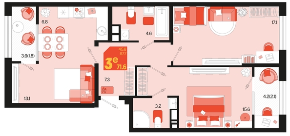 
   Продам 3-комнатную, 71.6 м², Первое место, квартал 1.2, литер 2

. Фото 6.