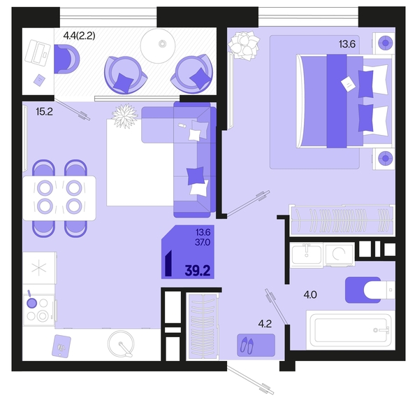 
   Продам 1-комнатную, 39.2 м², Первое место, квартал 1.2, литер 2

. Фото 6.