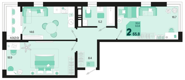 
   Продам 2-комнатную, 65.8 м², Первое место, квартал 1.2, литер 2

. Фото 6.