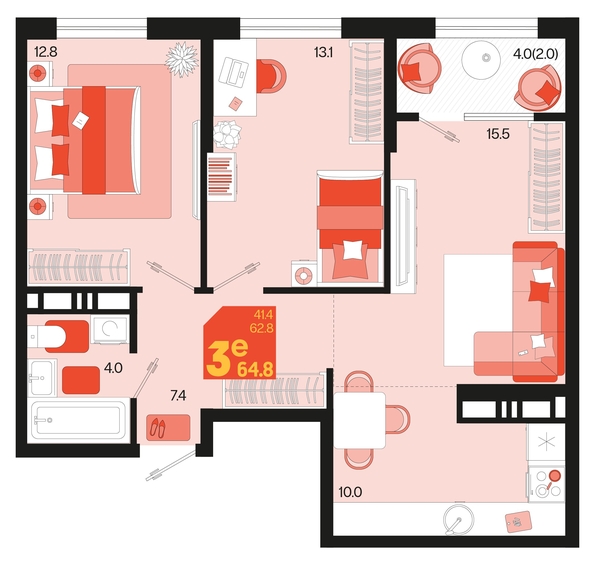 
   Продам 3-комнатную, 64.8 м², Первое место, квартал 1.6, литер 1

. Фото 6.