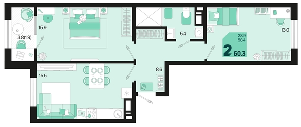 
   Продам 2-комнатную, 60.3 м², Первое место, квартал 1.6, литер 1

. Фото 6.