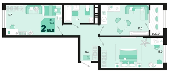 
   Продам 2-комнатную, 65.8 м², Первое место, квартал 1.10 литер 1

. Фото 6.