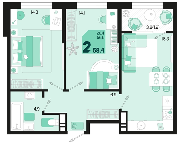 
   Продам 2-комнатную, 58.4 м², Первое место, квартал 1.10 литер 1

. Фото 6.