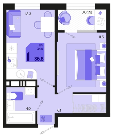 
   Продам 1-комнатную, 36.8 м², Первое место, квартал 1.10 литер 1

. Фото 6.