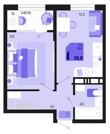 
   Продам 1-комнатную, 36.8 м², Первое место, квартал 1.6, литер 1

. Фото 12.