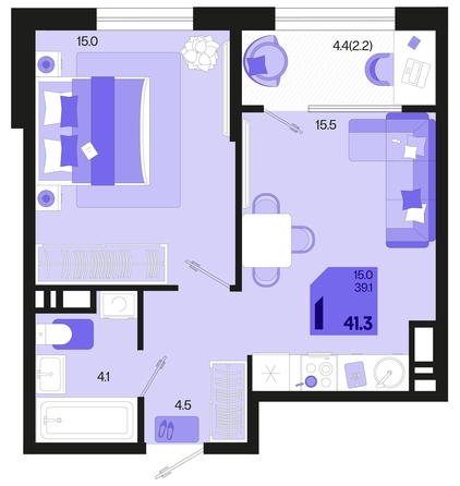 
   Продам 1-комнатную, 41.3 м², Первое место, квартал 1.2, литер 1

. Фото 6.