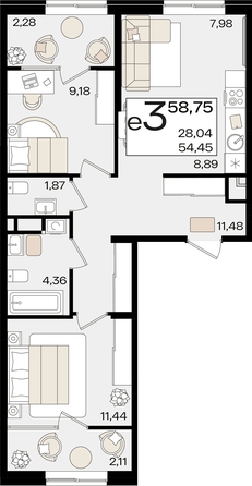 
   Продам 3-комнатную, 58.75 м², Патрики, литер 1.3

. Фото 4.