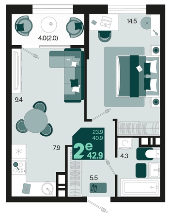 
   Продам 2-комнатную, 42.9 м², Первое место, квартал 1.2, литер 2

. Фото 6.