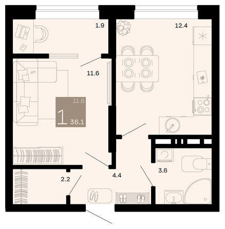 
   Продам 1-комнатную, 36.1 м², Хозяин морей, литер 2

. Фото 6.