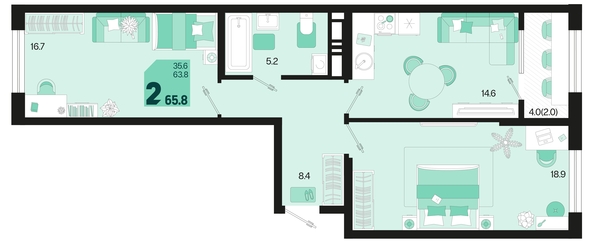 
   Продам 2-комнатную, 65.8 м², Первое место, квартал 1.2, литер 2

. Фото 6.