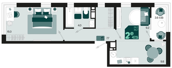 
   Продам 2-комнатную, 47.5 м², Первое место, квартал 1.10 литер 1

. Фото 6.