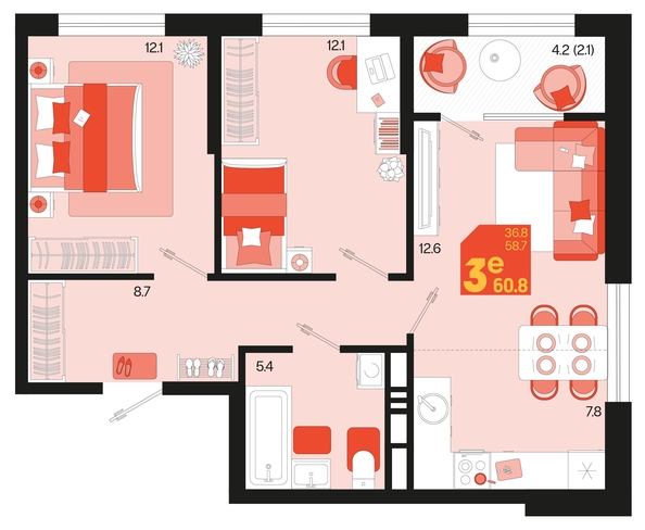 
   Продам 3-комнатную, 60.8 м², Первое место, квартал 1.6, литер 1

. Фото 6.