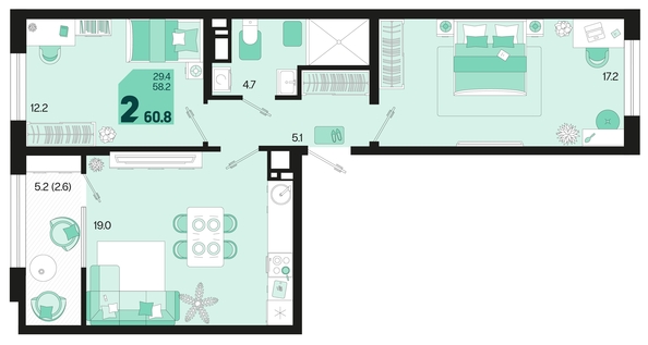 
   Продам 2-комнатную, 60.8 м², Первое место, квартал 1.6, литер 1

. Фото 6.