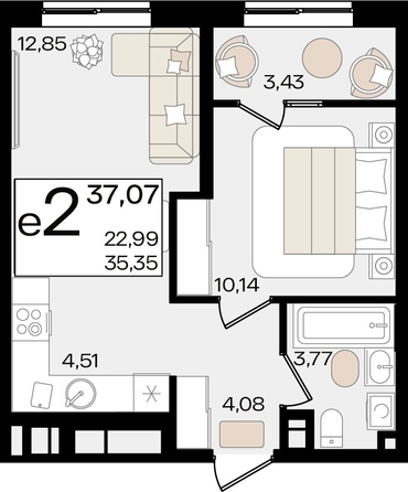 
   Продам 2-комнатную, 37.07 м², Патрики, литер 1.1

. Фото 4.