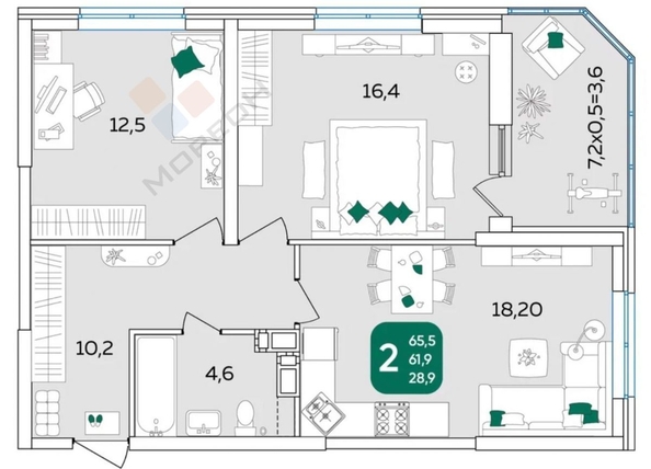 
   Продам 2-комнатную, 66 м², Любимово мкр, 16/1

. Фото 14.