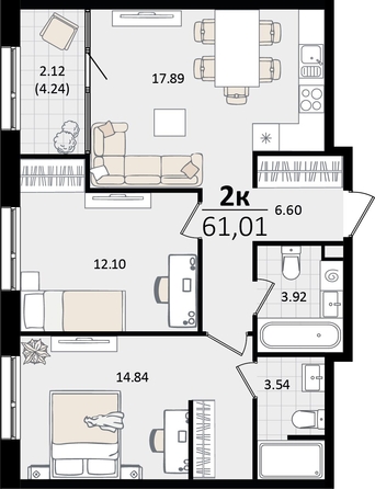 
   Продам 2-комнатную, 61.01 м², Патрики, литер 4.1

. Фото 4.