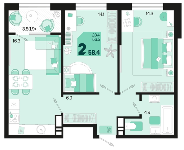 
   Продам 2-комнатную, 58.4 м², Первое место, квартал 1.10 литер 1

. Фото 6.