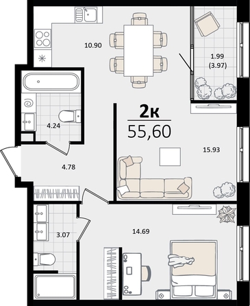 
   Продам 2-комнатную, 55.6 м², Патрики, литер 2

. Фото 4.