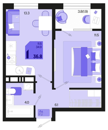 
   Продам 1-комнатную, 36.8 м², Первое место, квартал 1.3, литер 2

. Фото 6.