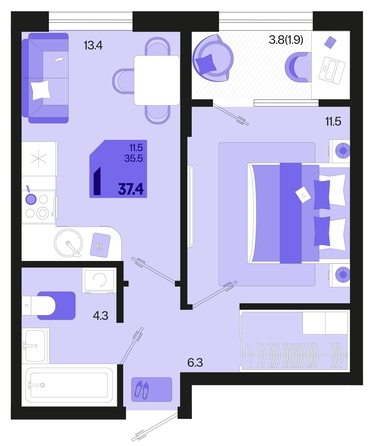 
   Продам 1-комнатную, 37.4 м², Первое место, квартал 1.5, литер 1

. Фото 6.