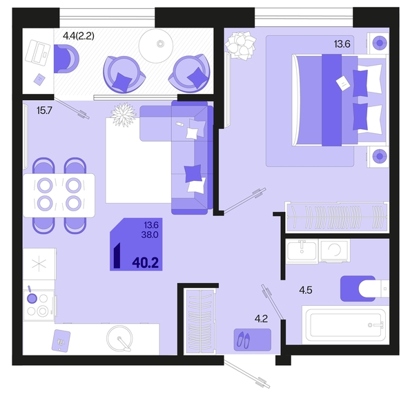 
   Продам 1-комнатную, 40.2 м², Первое место, квартал 1.5, литер 1

. Фото 6.