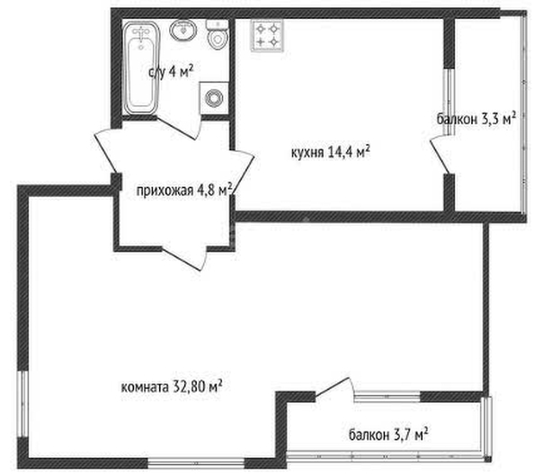 
   Продам 3-комнатную, 59.3 м², Мурата Ахеджака ул, 12 к4

. Фото 1.