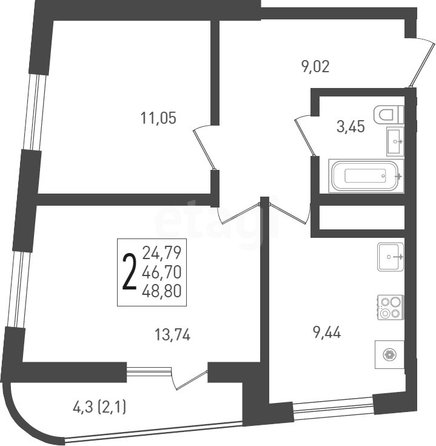 
   Продам 2-комнатную, 48.8 м², Огурцы, литера 2

. Фото 1.