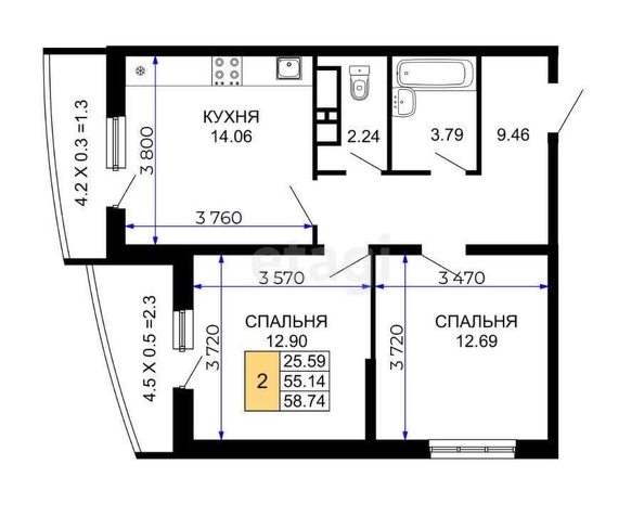 
   Продам 2-комнатную, 58 м², Лучший, литер 1

. Фото 12.