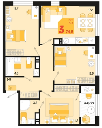 
   Продам 3-комнатную, 74.6 м², Первое место, квартал 1.10 литер 1

. Фото 6.