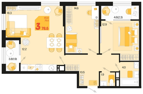 
   Продам 3-комнатную, 78.6 м², Первое место, квартал 1.10 литер 1

. Фото 6.