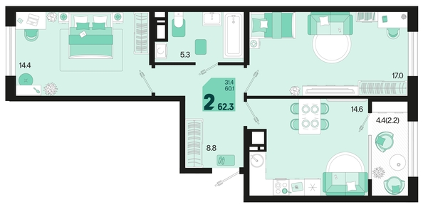 
   Продам 2-комнатную, 62.3 м², Первое место, квартал 1.10 литер 1

. Фото 6.