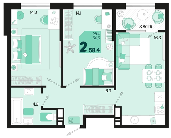 
   Продам 2-комнатную, 58.4 м², Первое место, квартал 1.1, литер 2

. Фото 6.