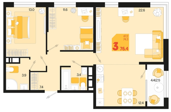 
   Продам 3-комнатную, 76.4 м², Первое место, квартал 1.2, литер 1

. Фото 12.