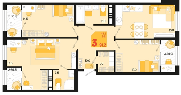 
   Продам 3-комнатную, 91.2 м², Первое место, квартал 1.6, литер 1

. Фото 6.