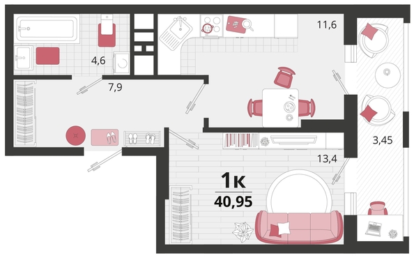 
   Продам 1-комнатную, 40.95 м², Родные просторы, литера 12

. Фото 4.