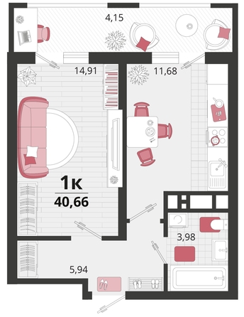 
   Продам 1-комнатную, 40.66 м², Родные просторы, литера 14

. Фото 4.