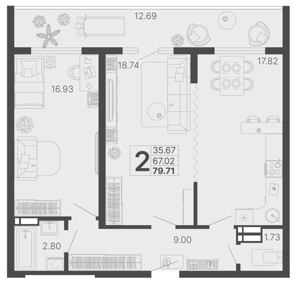 
   Продам 2-комнатную, 73.37 м², Светский лес, литер 3

. Фото 6.