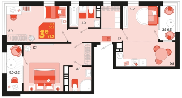 
   Продам 3-комнатную, 71.2 м², Первое место, квартал 1.10 литер 1

. Фото 6.