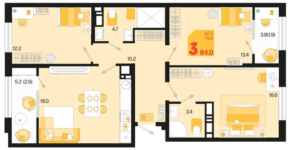 
   Продам 3-комнатную, 84 м², Первое место, квартал 1.10 литер 1

. Фото 6.