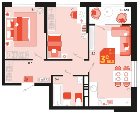 
   Продам 3-комнатную, 60.8 м², Первое место, квартал 1.10 литер 1

. Фото 6.