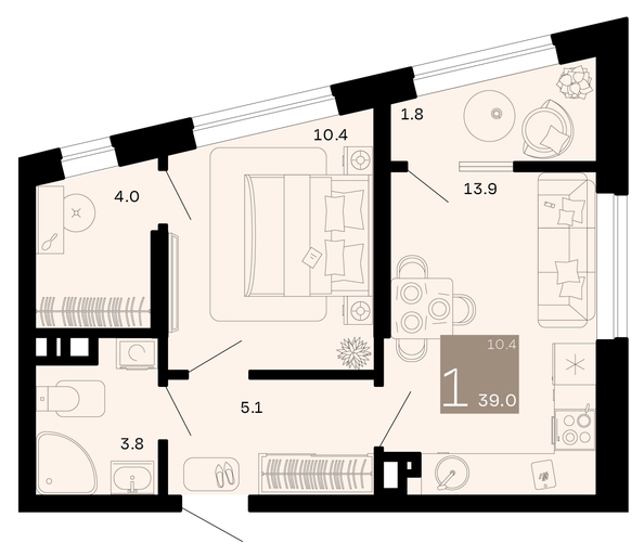 
   Продам 1-комнатную, 39 м², Хозяин морей, литер 2

. Фото 6.