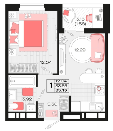 
   Продам 1-комнатную, 35.13 м², Римские каникулы, литера 4

. Фото 4.