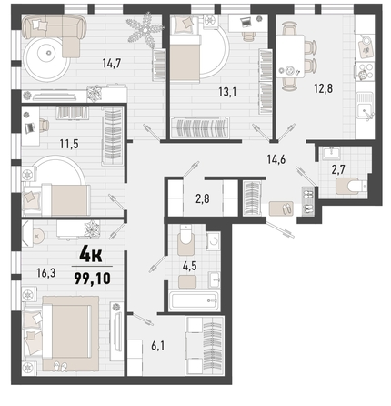 
   Продам 4-комнатную, 99.1 м², Барса, 3В литер

. Фото 6.