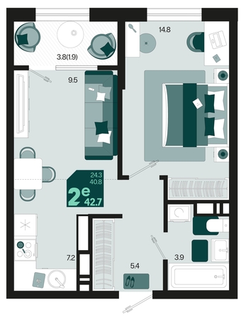 
   Продам 2-комнатную, 42.7 м², Первое место, квартал 1.4, литер 1

. Фото 6.