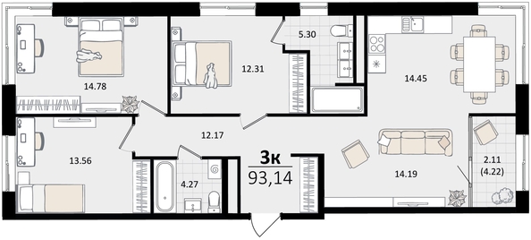 
   Продам 3-комнатную, 93.14 м², Патрики, литер 2

. Фото 4.