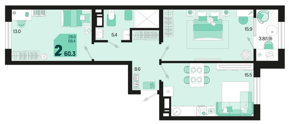 
   Продам 2-комнатную, 60.3 м², Первое место, квартал 1.4, литер 2

. Фото 6.